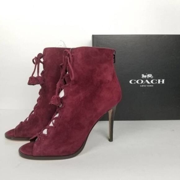 COACH Lena‎ Lux suede lace up heels burgundy size 9 - Picture 2 of 8